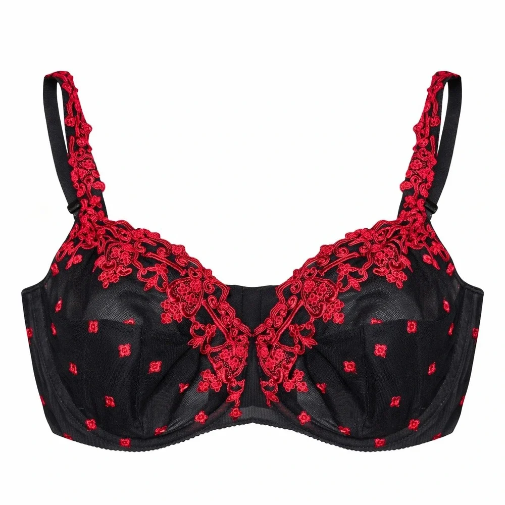 Bali Lace Underwire Bra 38DD Black Red Sheer Embroidered‎ Floral Lingerie
